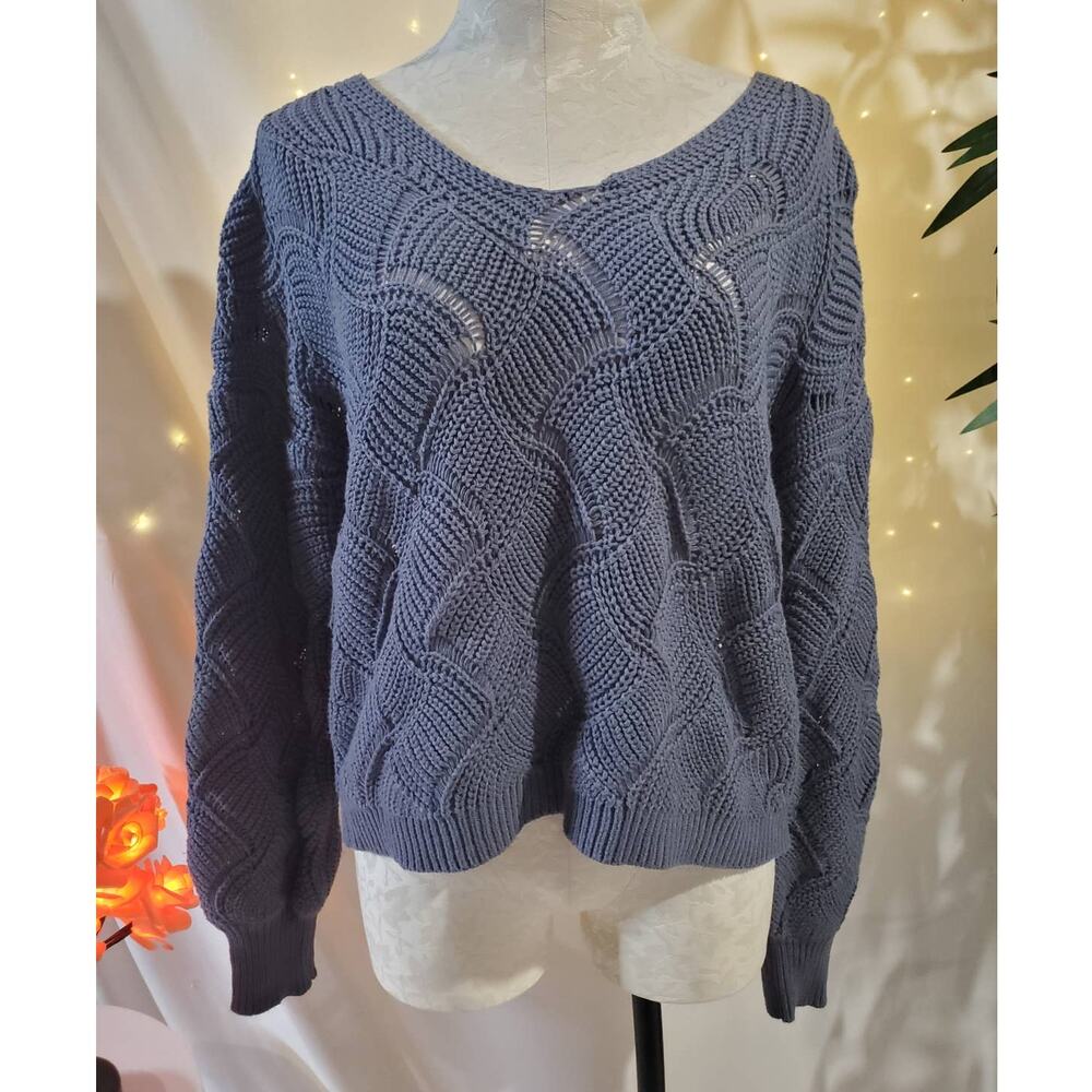 Moon & Madison Balloon Sleeve Open Knit Blue Gray Chunky Crop Sweater Womens L
